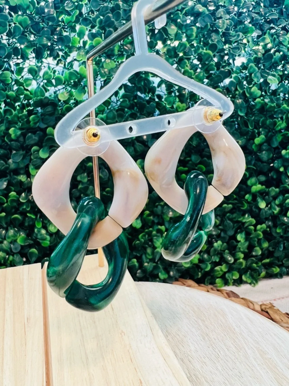 New Chunky Linked Resin Earrings in Cream and Forest Green | Lightweight